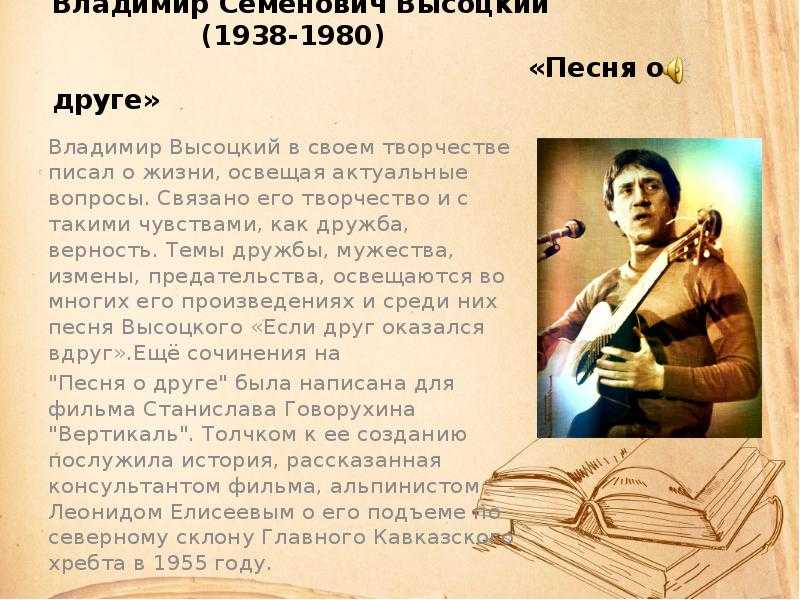 Сочинение анализ песни высоцкого в.с. «песня о друге»